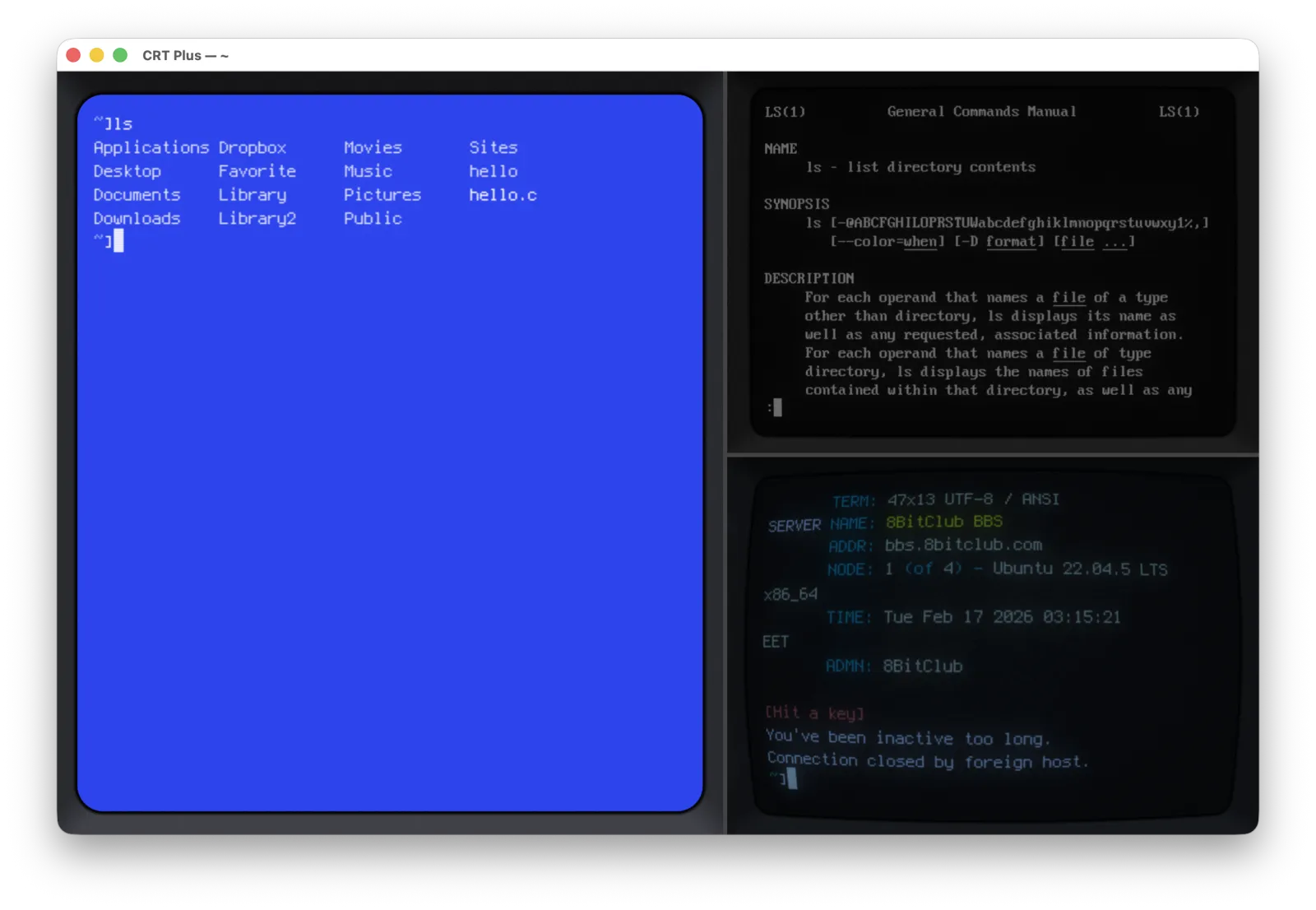 CRT Plus — split panes with green phosphor CRT effect